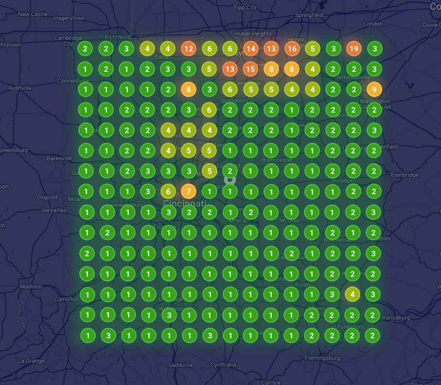 Geo-grid rank scan with a client at number one across a metro area